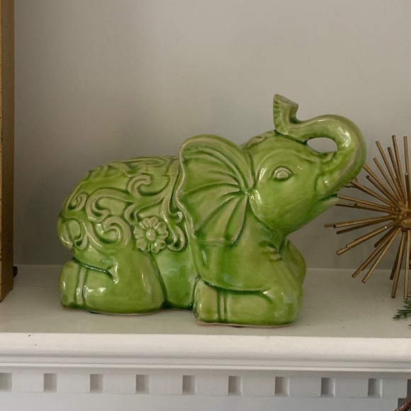 Vintage Green Glazed Baby Elephant Figurine home decor garden floral traditional